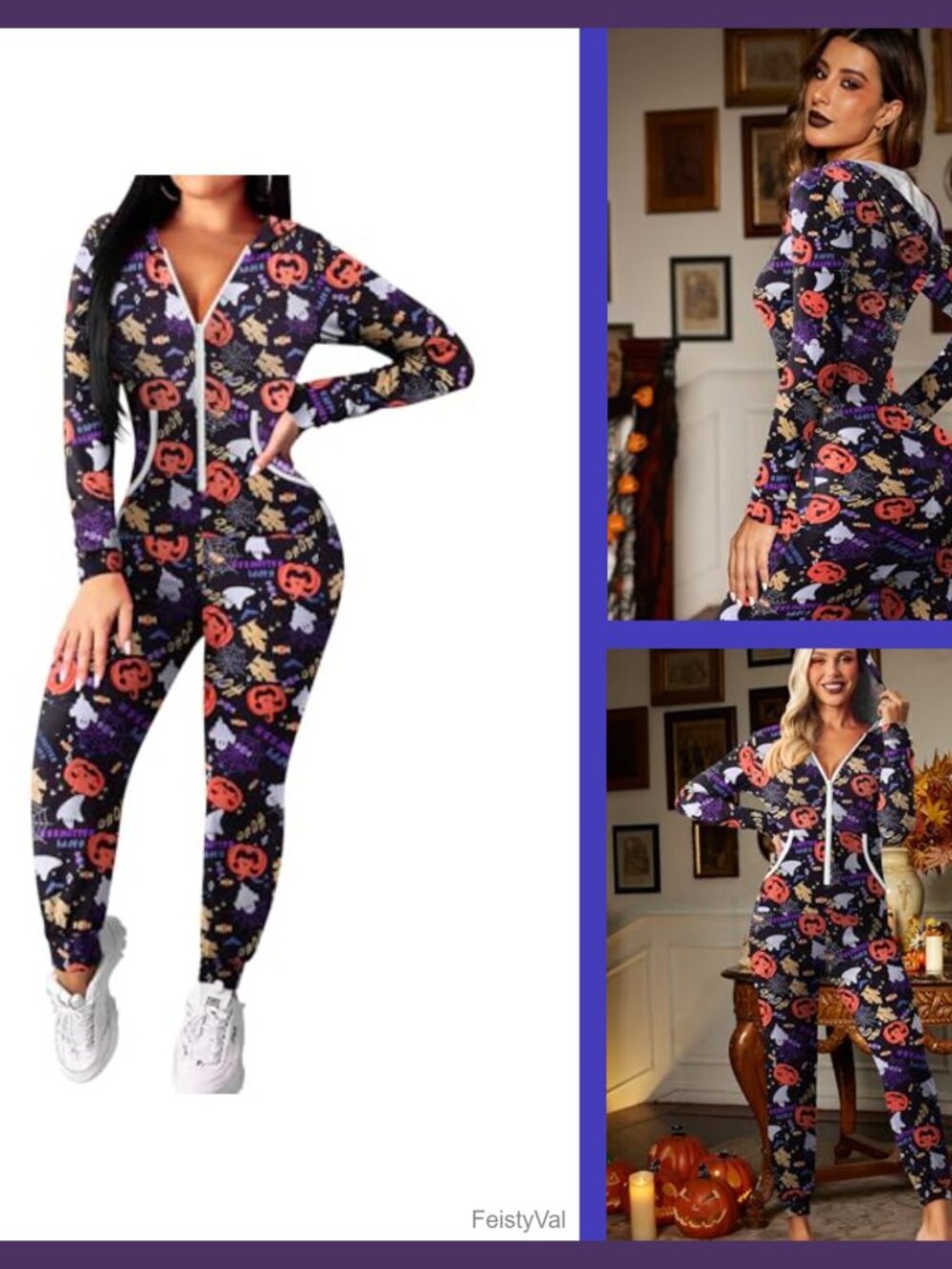 Ekouaer Halloween Hooded Onesie Women's Jumpsuit Zip-Up One Piece Pajama